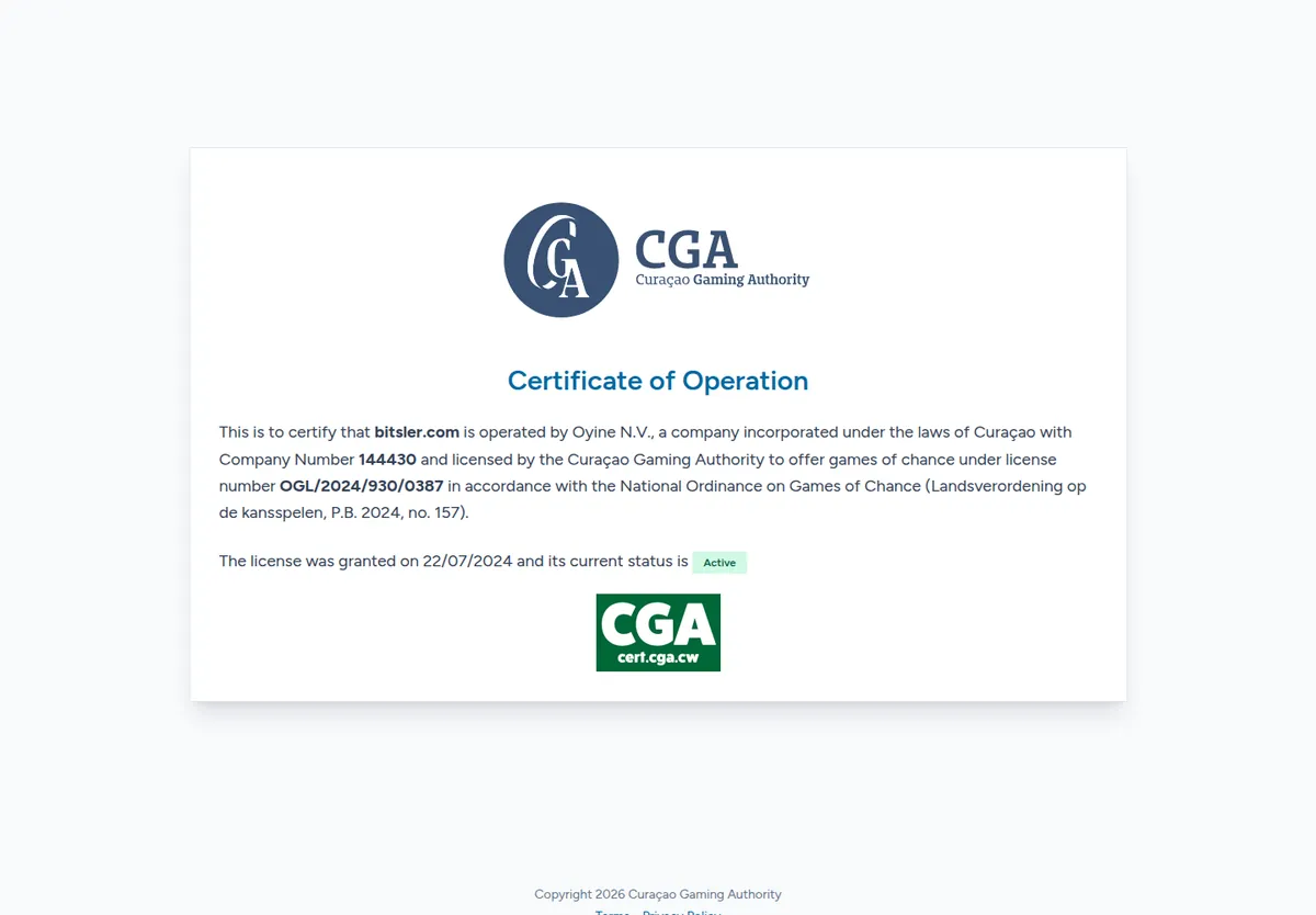 Exploitatiecertificaat van de Curaçao Gaming Authority voor bitsler.com