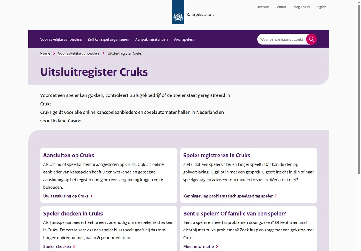 De pagina van de Kansspelautoriteit over het uitsluitregister Cruks
