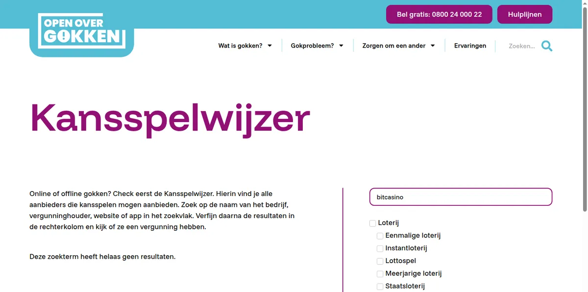 De Kansspelwijzer met de merknaam bitcasino in het zoekvlak en de melding dat deze zoekterm geen resultaten heeft