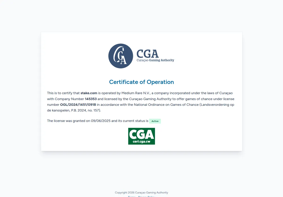 Exploitatiecertificaat van de Curaçao Gaming Authority voor stake.com
