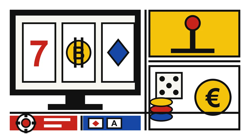 Een vlak getekende scene over online casino: een beeldscherm met drie rollen (zeven, muntstuk, ruit), de hendel van een automaat, fiches, kaarten, een dobbelsteen en een euromunt